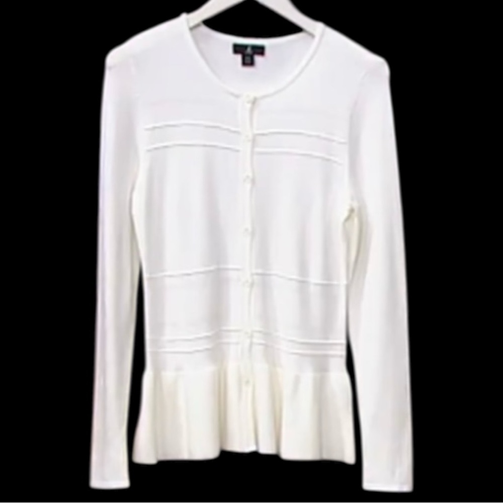 J Jason Wu Long Sleeve Peplum Cardigan w/ Pointelle Stitch. White. Size 2X